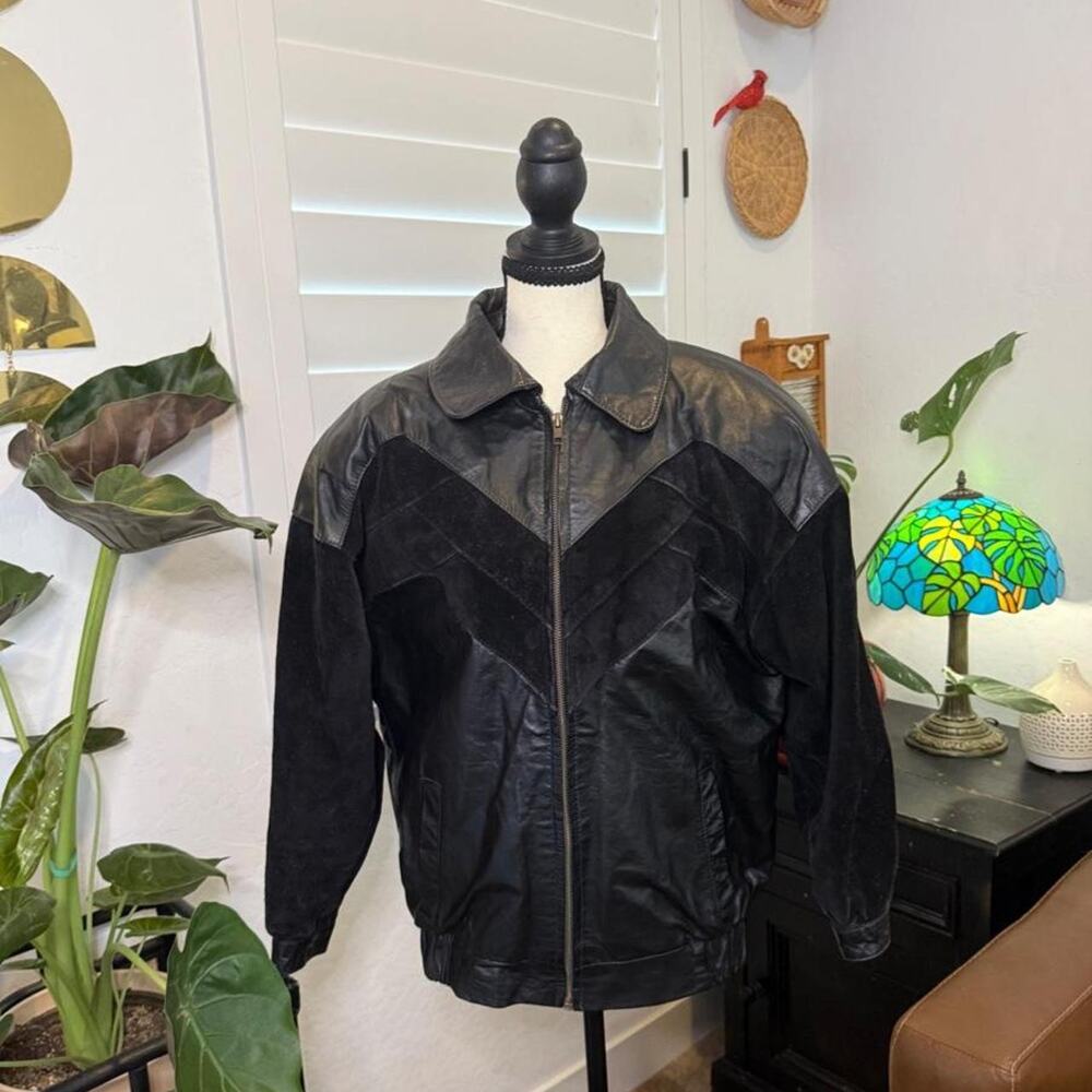 Vintage 80s Comint Black Leather Suede Bomber Jacket Biker Moto Grunge S